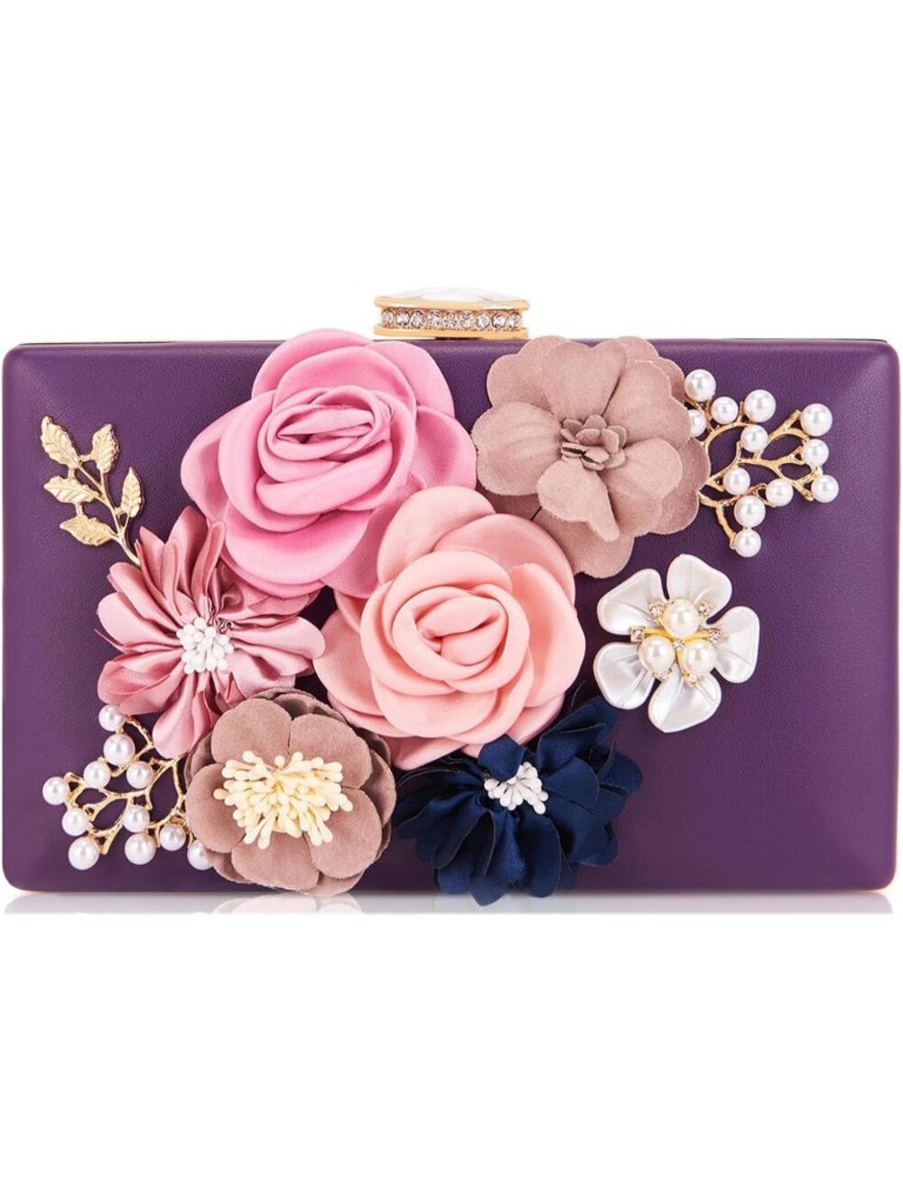 Women's Purple Floral Clutch Purse Wedding Rhinestone Prom Party Evening Bag